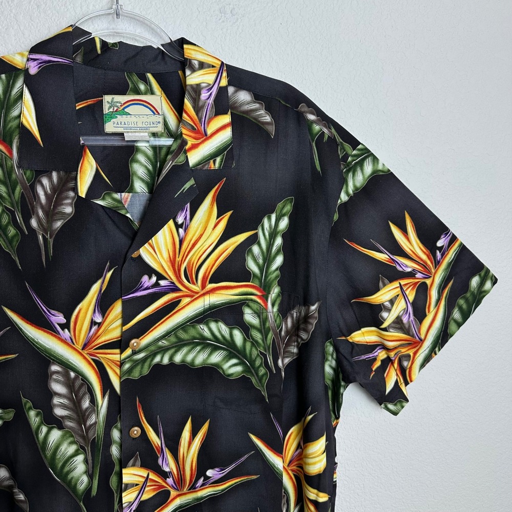 Vintage Paradise Found Bird of Paradise Hawaiian Shirt Mens XL Black Magnum PI